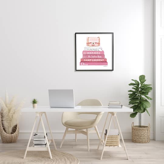Stupell Industries Pink Book Stack Fashion Handbag in Frame Wall Art